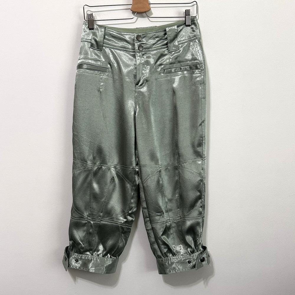 Free People Satin Crop Pants 4 Washed Army Green Boho Party Cocktail Shimmer NEW